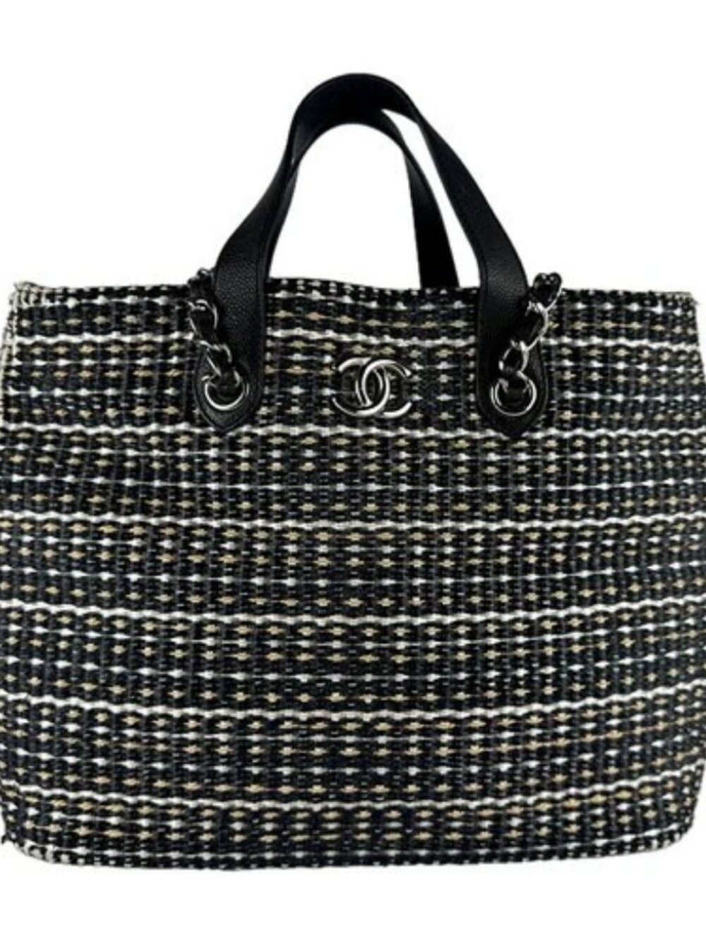 Auth CHANEL Handbag Shoulder Bag Black/White/Beige Raffia/Silvertone - z9981